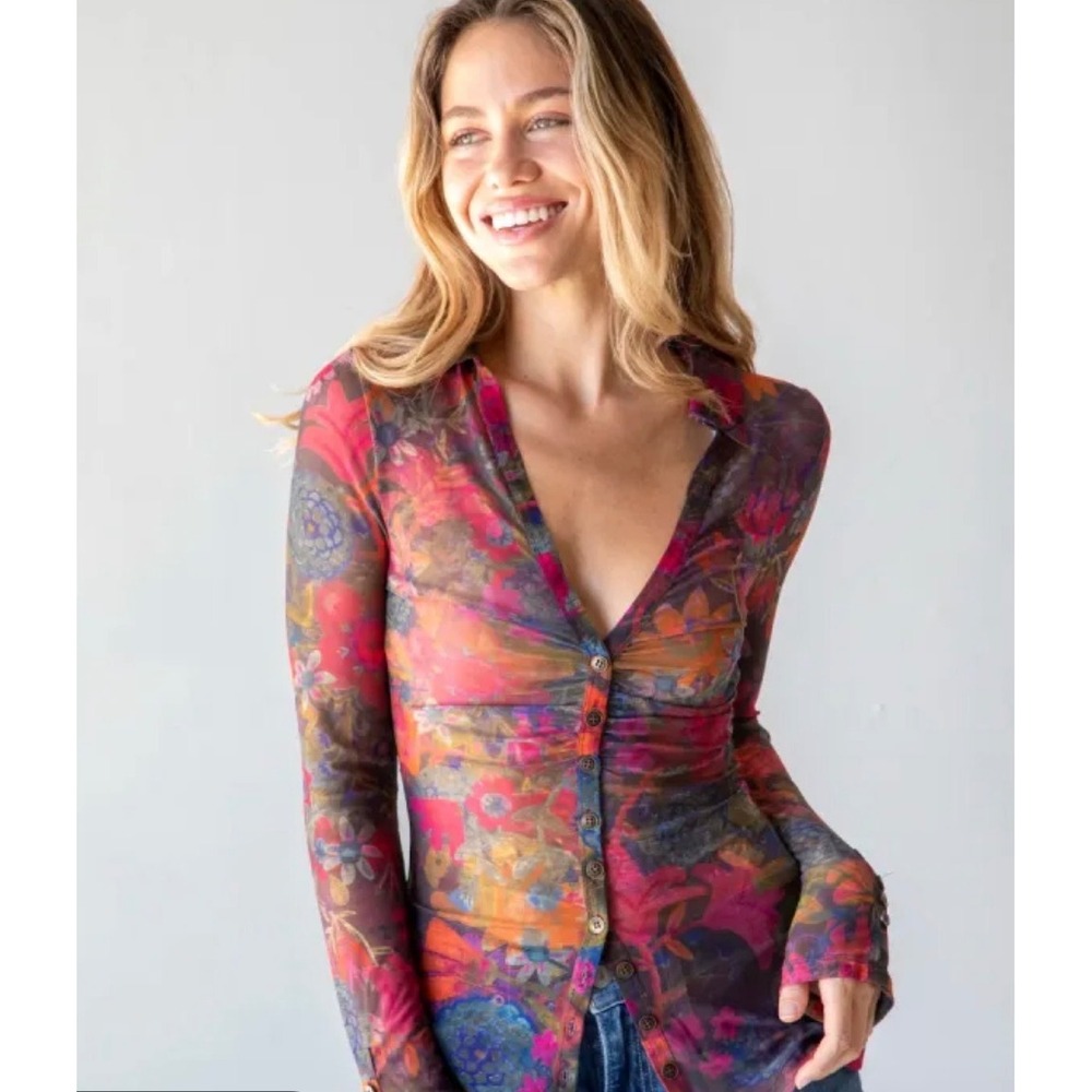 NEW Natural Life Catina Mesh Top Women XS Multicolor Floral Boho Fairy Sheer Y2K
